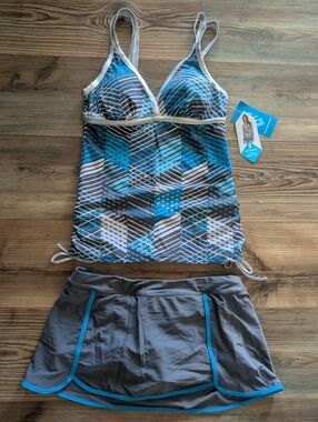 Free Country Tankini & Skort UPF 50 2 Piece Swim Set Blue & Gray Medium